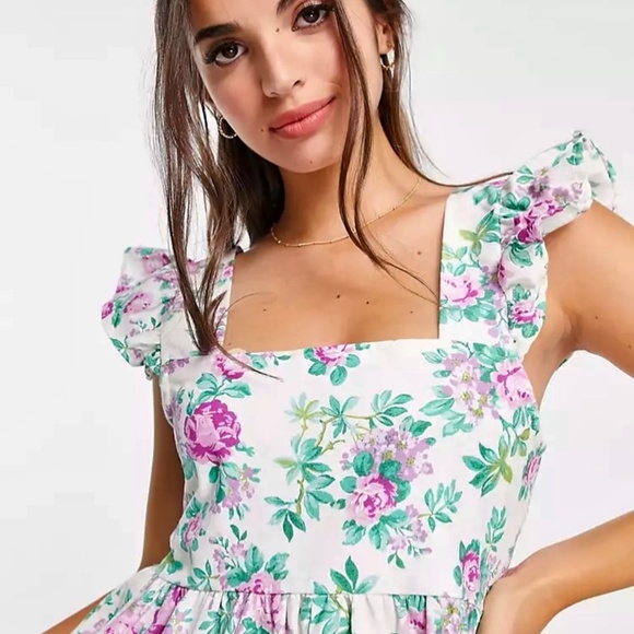 ASOS DESIGN square neck ruffle smock mini sundress in linen in white rose floral - Picture 4 of 5